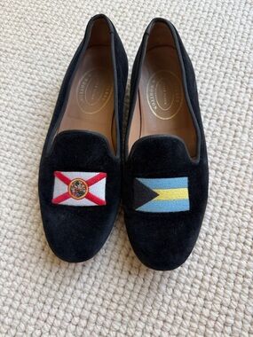 Stubbs & Wilton Black Velvet Bahamian Flag Embroidered Men's Slippers size 10